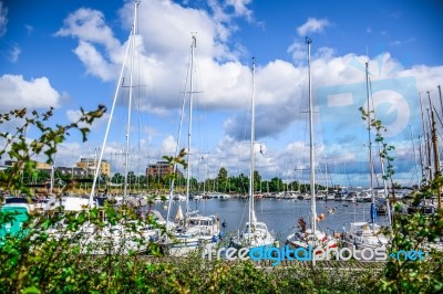 Yacht Docking At Harbor At The End Of Langelinie In Copenhagen, Denmark Stock Photo