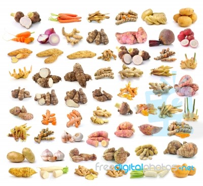 Yams, Potatoes, Ginger On White Background Stock Photo