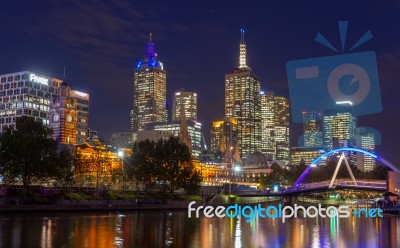 Yarra River And  Melbourne City At Night Looking Towards Flinder… Stock Photo