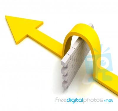 Yellow Arrow Over Wall Means Overcome Obstacles Stock Image
