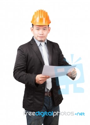 Young Asian Wearing Safety Helmet Working Engineering Man Holdin… Stock Photo