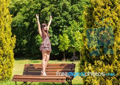 Young Beautiful Brunette Standing On A Bench Stock Photo