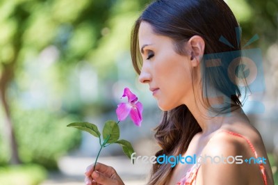 Young Beautiful Girl Smells Flowers, Against Green Summer Garden… Stock Photo