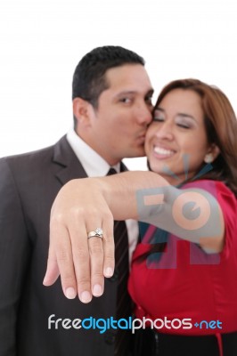 Young Beautiful Woman Showing Her Engagement Ring Stock Photo