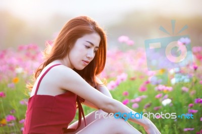 Young Beautiful Woman With A Cosmos Flower Stock Photo
