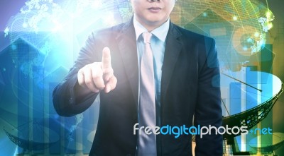 Young Business Man And Satellite Dish And Communication Technolo… Stock Photo