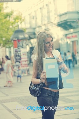 Young Business Woman With Tablet Computer Walking In Public Spac… Stock Photo