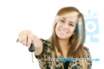 Young Caucasian Woman Holding Car Key Stock Photo