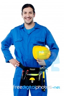 Young Construction Worker Posing Confidently Stock Photo