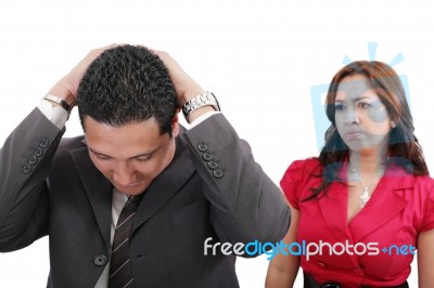 Young Couple Couple Conflict, Isolated Over White Background Stock Photo
