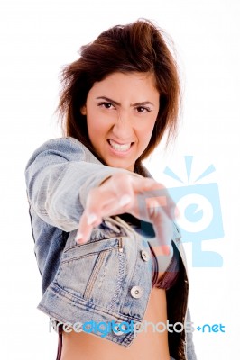 Young Female Showing Hand Gesture Stock Photo