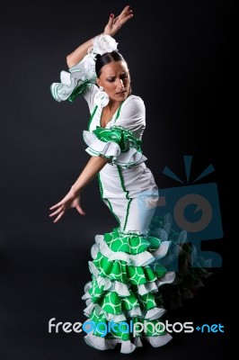 Young Flamenco Dancer In Beautiful Dress On Black Background Stock Photo