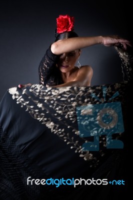 Young Flamenco Dancer In Beautiful Dress On Black Background Stock Photo