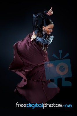 Young Flamenco Dancer In Beautiful Dress On Black Background Stock Photo