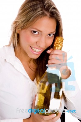 Young Lady Holding Champagne Bottle Stock Photo