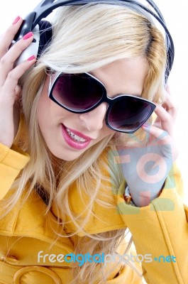 Young Lady Listening Music Stock Photo