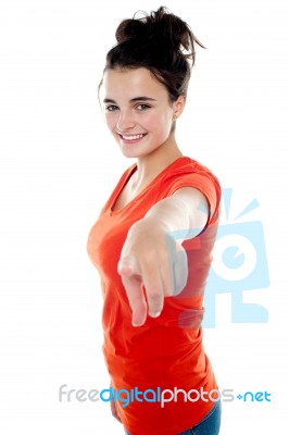 Young Lady Showing Pointing Away Stock Photo