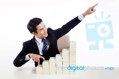 Young Man In Business Suit Show Finger Walking Up The Stair And Stock Photo