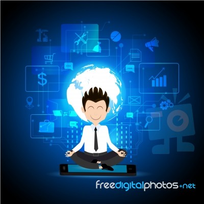 Young Man In Suit And Tie Standing With His Face To Camera Meditating. On Smartphone    Concept Of Business Planning Stock Image