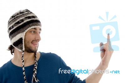 Young Man pointing up Stock Photo