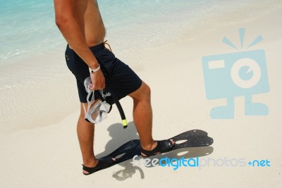 Young Man Ready To Go Snorkeling Stock Photo