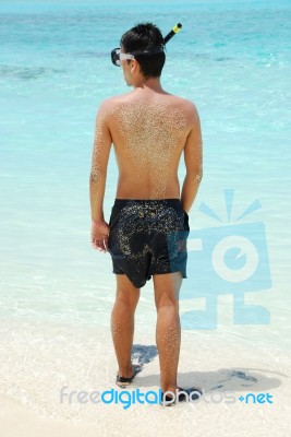 Young Man Ready To Go Snorkeling Stock Photo