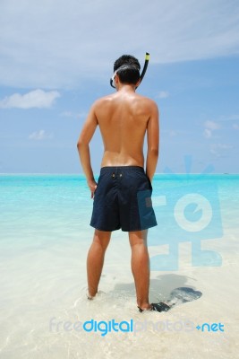 Young Man Ready To Go Snorkeling Stock Photo