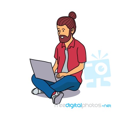 Young Man Sitting Use Laptop- Illustration Stock Image