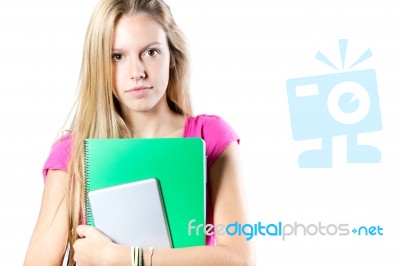 Young Student Woman With Her Books On White Background Stock Photo