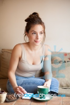 Young Woman In Caffe Stock Photo