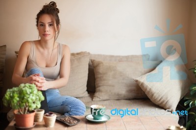 Young Woman In Caffe Stock Photo