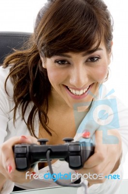 Young Woman Playing Video Game Stock Photo