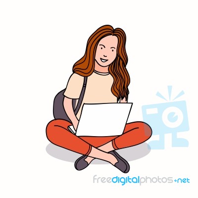 Young Woman Sitting Use Laptop- Illustration Stock Image