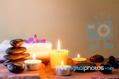 Zen Stones And Aromatic Candles On Table,zen Concept Stock Photo