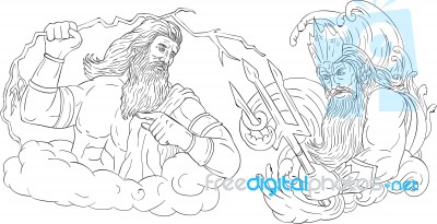 Zeus Vs Poseidon Black And White Drawing Stock Image