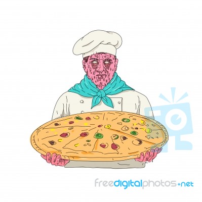 Zombie Chef Holding Pizza Pie Grime Art Stock Image