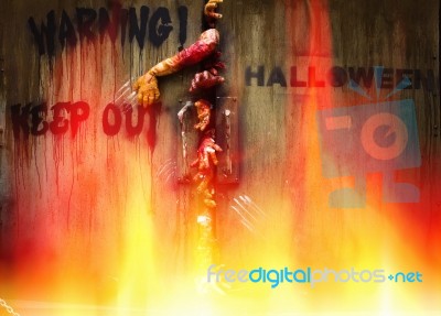 Zombie Hand Through The Door, Useful For Some Halloween Concept Stock Photo