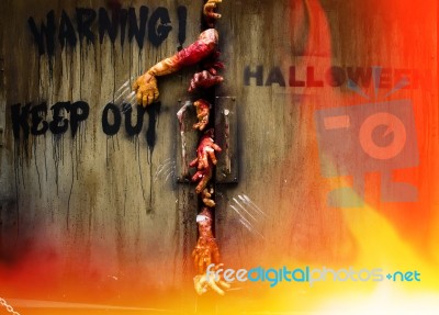 Zombie Hand Through The Door, Useful For Some Halloween Concept Stock Photo