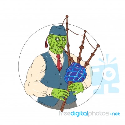 Zombie Piper Playing Bagpipes Grime Art Stock Image