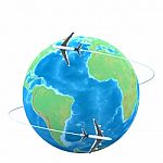3d Planes Flying Around The Globe Stock Photo