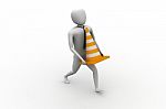 3d Small Person Carrying The Traffic Cone Stock Photo