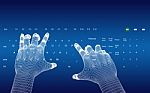 3d Wire-frame Hands Typing On A Blue Keyboard Stock Photo