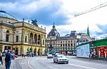 A Cloudy Day In The Street Of Copenhagen, Denmark Stock Photo