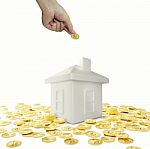 A Piggy Bank With Money Isolated On A White Background, Savings Stock Photo
