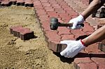 A Worker Laying Red Concrete Paving Blocks Stock Photo