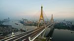 Aerial View Of Bhumibol 2 Bridge Important Modern Landmark Over Chaopraya River In Heart Of Bangkok Thailand Stock Photo