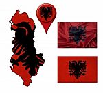 Albania Flag, Map And Map Pointers Stock Photo