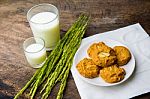 Almond Cookies With Rice Milk And Ear Of Rice  On Old Wooden Stock Photo
