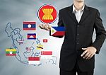 Asean Economic Community In Businessman Hand Stock Photo