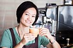 Asian Barista Enjoy Her Coffee Stock Photo